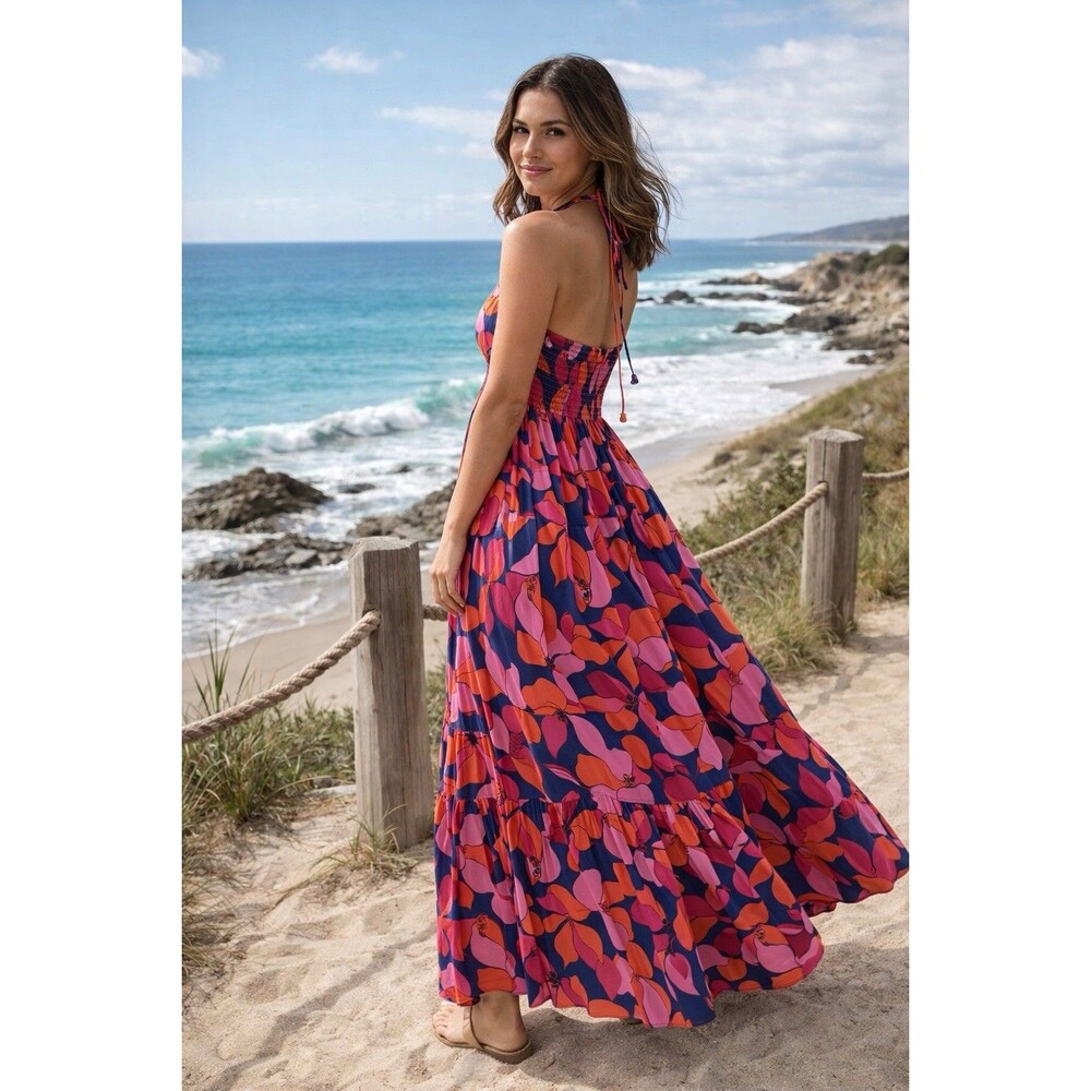 Abel The Label Floral Smocked Tiered Maxi Dress Medium Pink Tropical Coastal